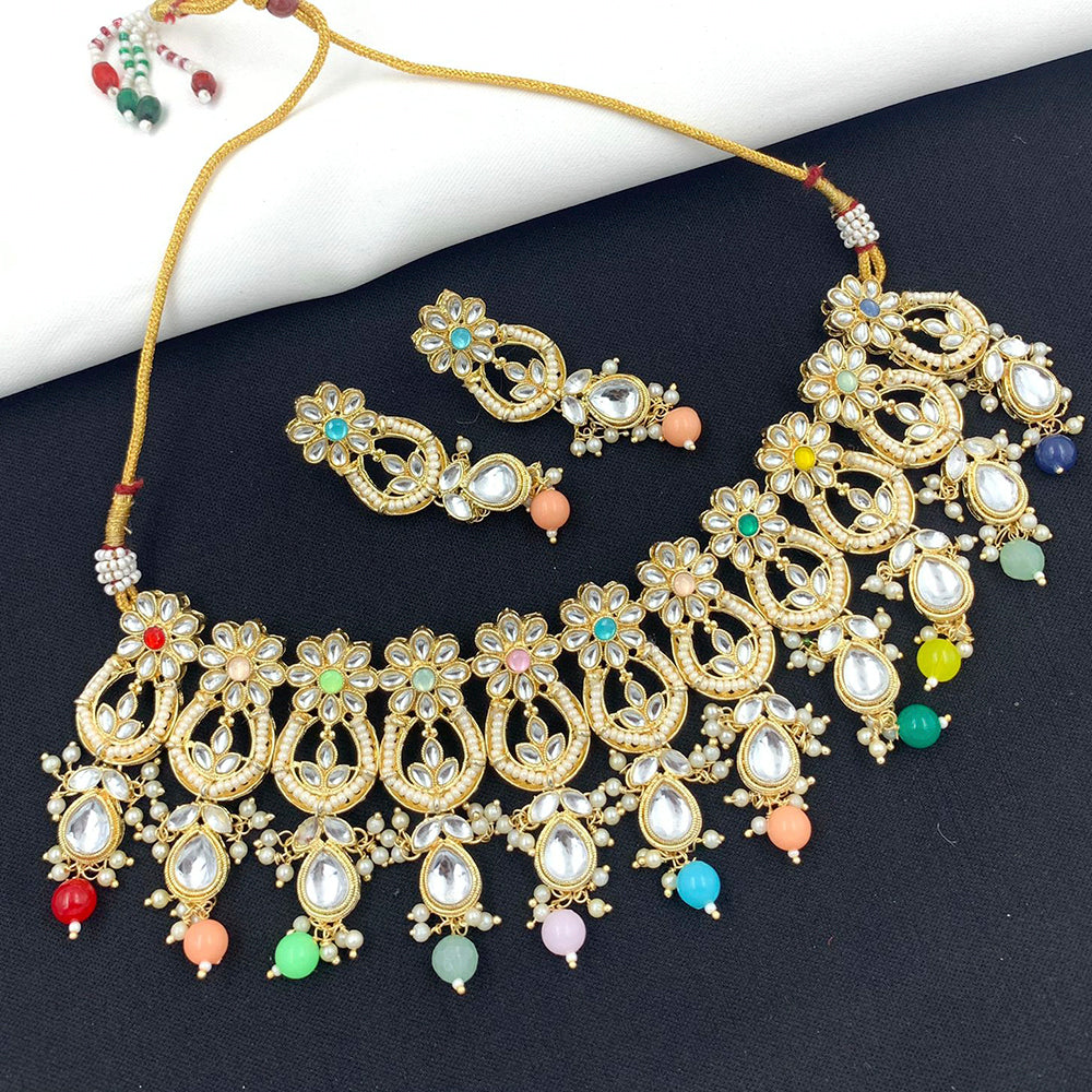 India Art Gold Plated Kundan Stone & Beads Choker Necklace Set