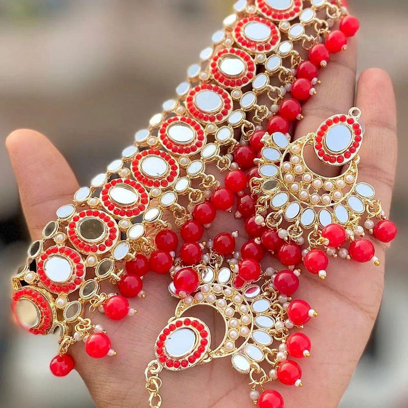 Sai Fashion Gold Plated Mirror Beads Choker Necklace Set With Maangtikka