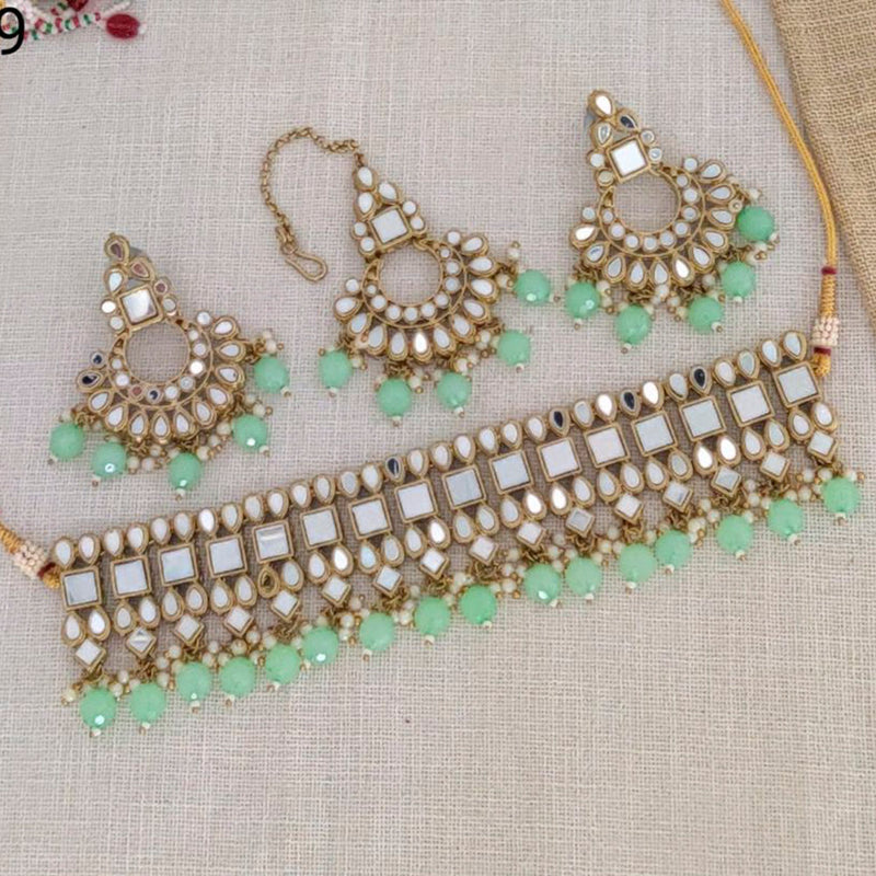 Sai Fashion Gold Plated Mirror & Beads Choker Necklace Set With Maangtikka