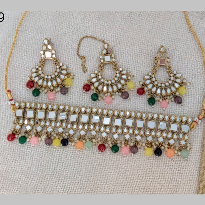 Sai Fashion Gold Plated Mirror & Beads Choker Necklace Set With Maangtikka