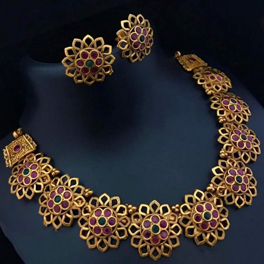 Sai Fashion Gold Plated Pink & Green Pota Stone Necklace Set