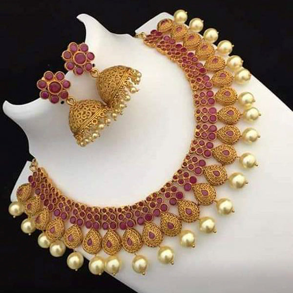 Sai Fashion Gold Plated Pink Kundan Stone Necklace Set