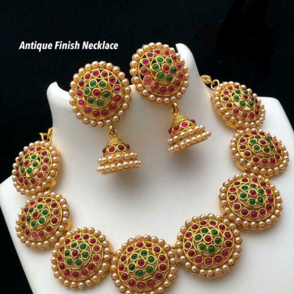 Sai Fashion Gold Plated Pink & Green Stone Necklace Set