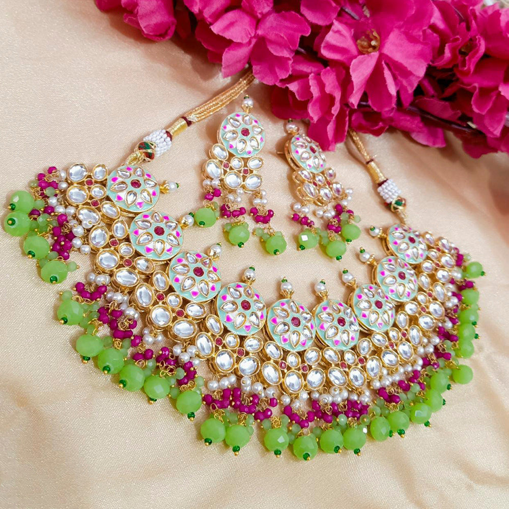 Shagna Gold Plated Kundan And Meenakari & Beads Choker Necklace Set