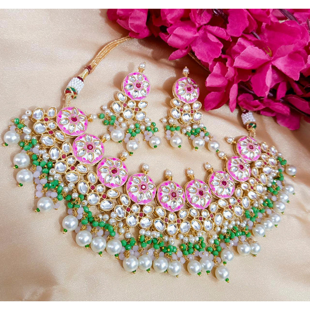 Shagna Gold Plated Kundan And Meenakari & Beads Choker Necklace Set