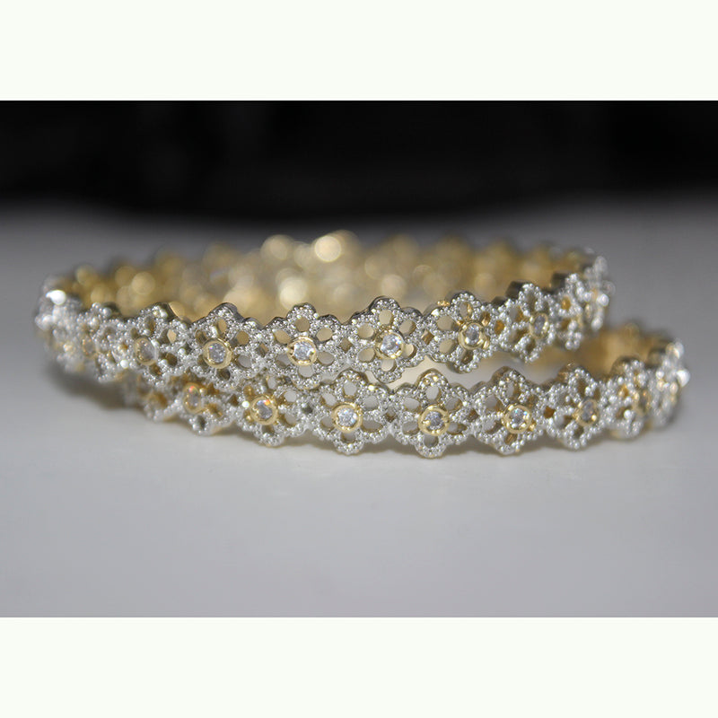 Kayaa Traditional White Gold Plated Floral Brass Bangles Encased With CZ American Diamonds For Women/Girls
