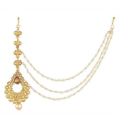 Etnico Traditional Gold Plated Pearl with Hair Chain Maang Tikka for Women (T1109FL)