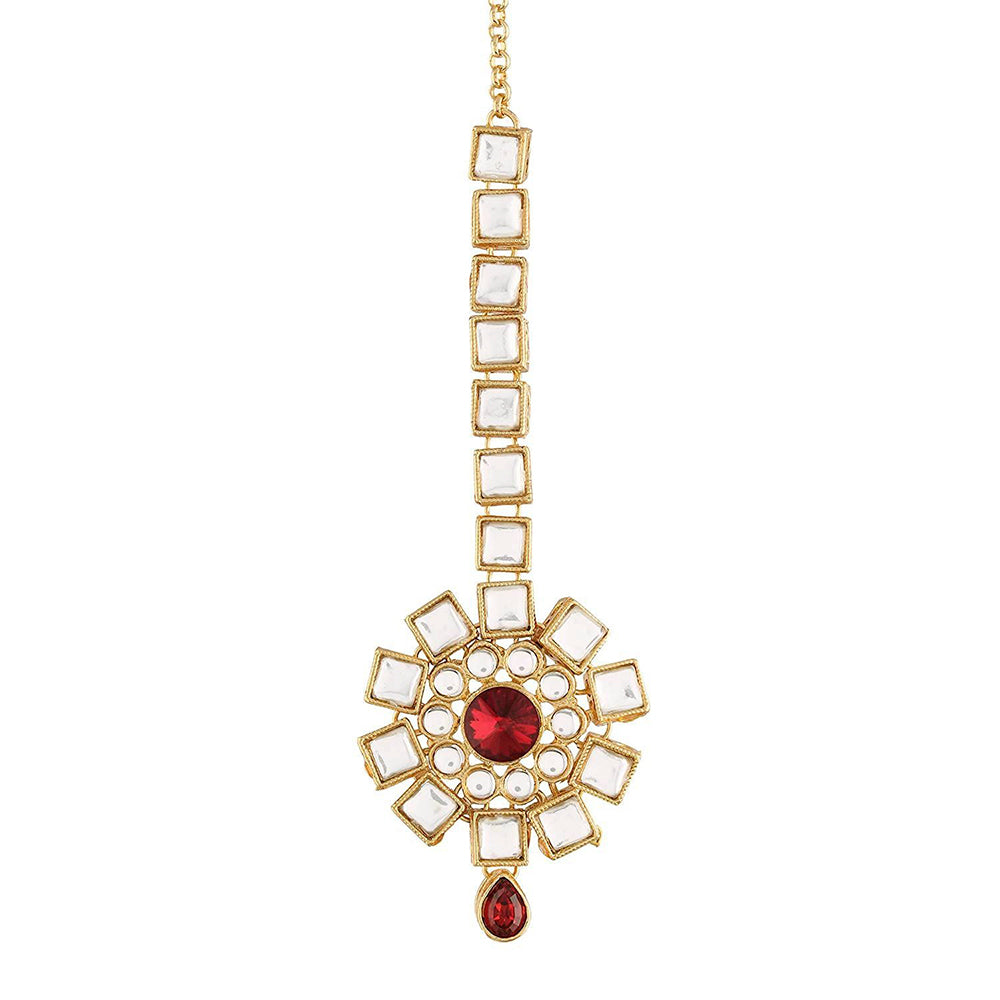Etnico 18K Gold Plated Traditional Kundan & Stone Studded Maang Tikka for Women & Girls (T2035M)