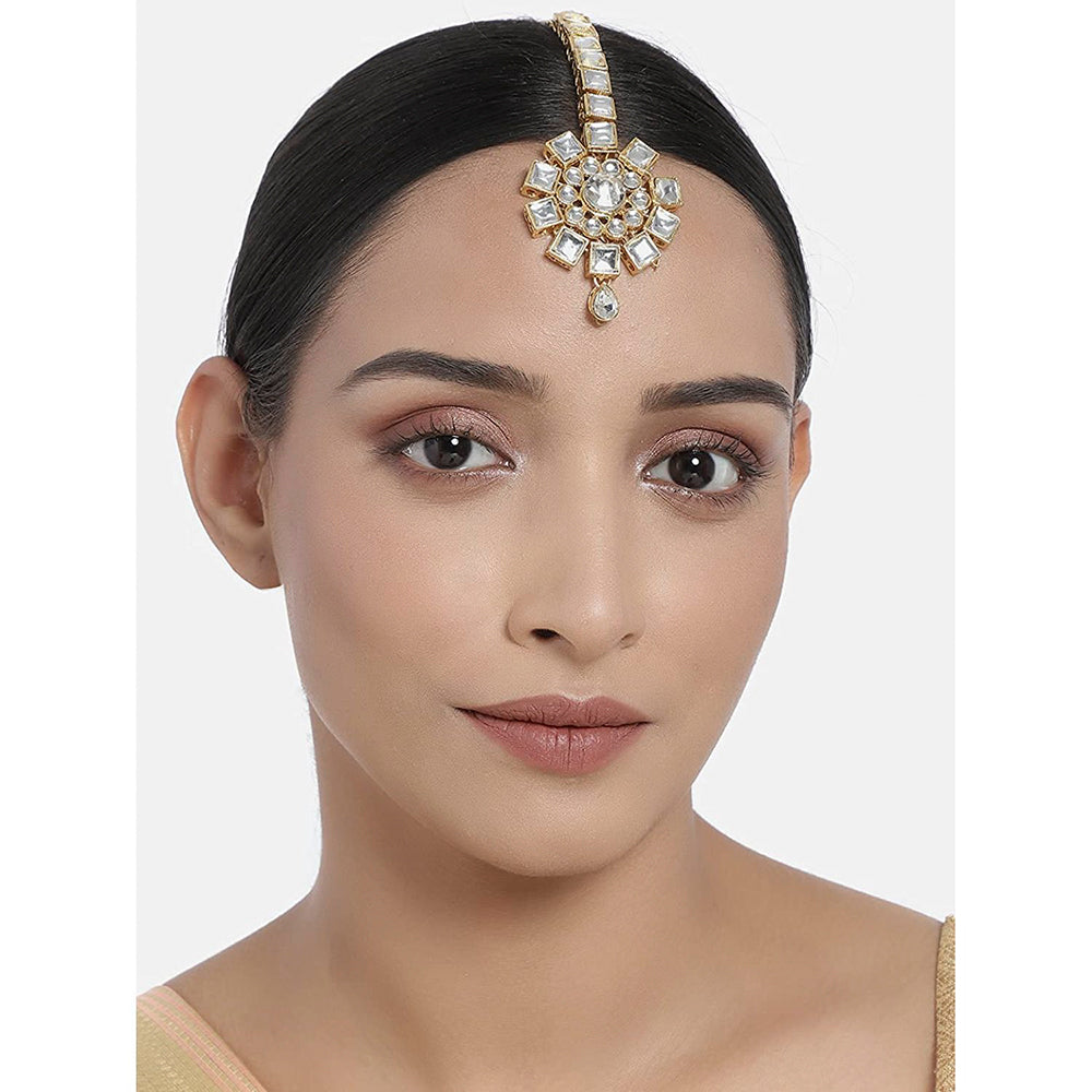 Etnico 18K Gold Plated Traditional Kundan & Stone Studded Maang Tikka for Women & Girls (T2035W)
