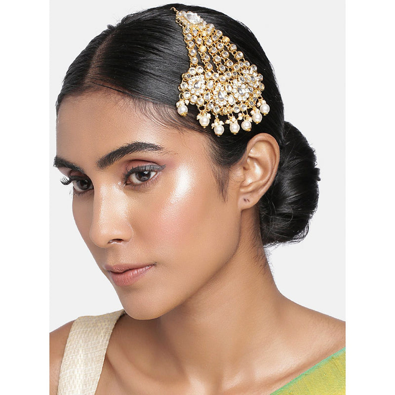 Etnico 18K Gold Plated Mughal Beautiful Long Pearl Kundan Jhumar Passa/Jhoomar Maang Tikka for Women (T2047W)