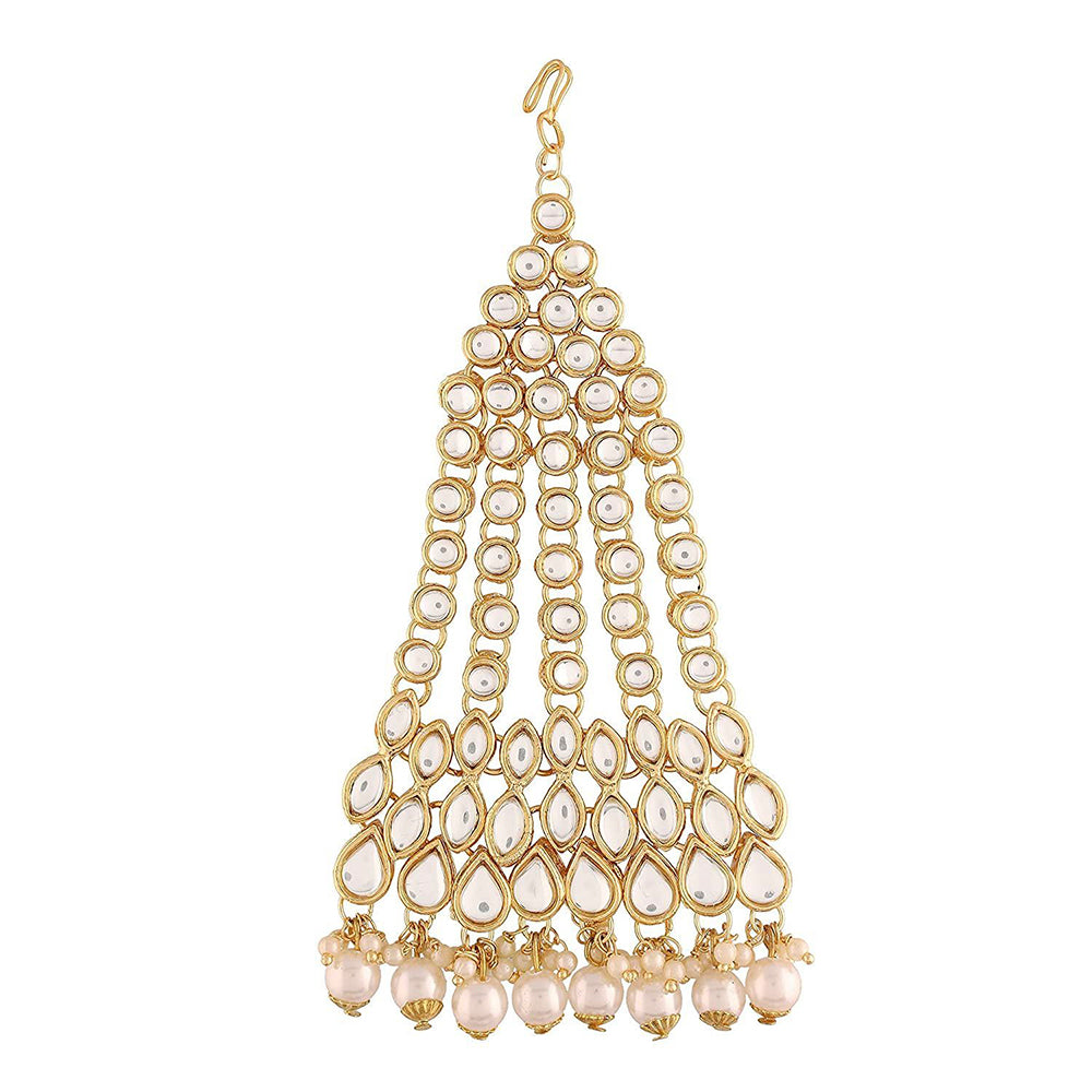 Etnico 18K Gold Plated Mughal Beautiful Long Pearl Kundan Jhumar Passa/Jhoomar Maang Tikka for Women (T2050W)
