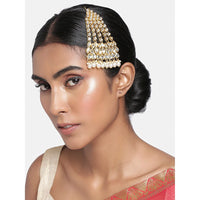 Etnico 18K Gold Plated Mughal Beautiful Long Pearl Kundan Jhumar Passa/Jhoomar Maang Tikka for Women (T2050W)