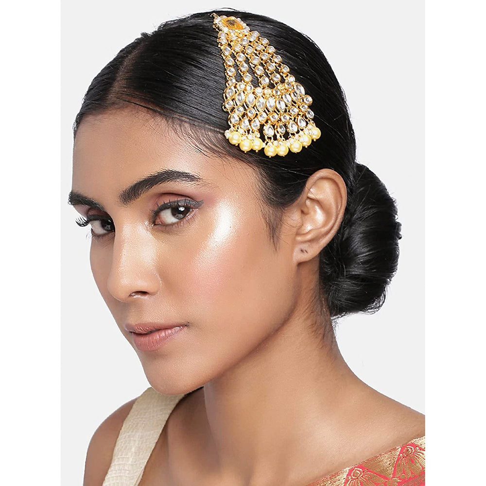 Etnico 18K Gold Plated Mughal Beautiful Long Pearl Kundan Jhumar Passa/Jhoomar Maang Tikka for Women (T2054FL)