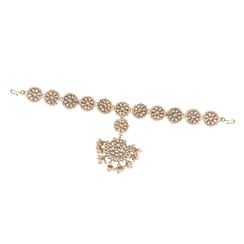 Etnico18k Gold Plated Traditional Floral Kundan Pearl Studded Rajasthani Sheeshphool/Mathapatti for Women (T2066W)