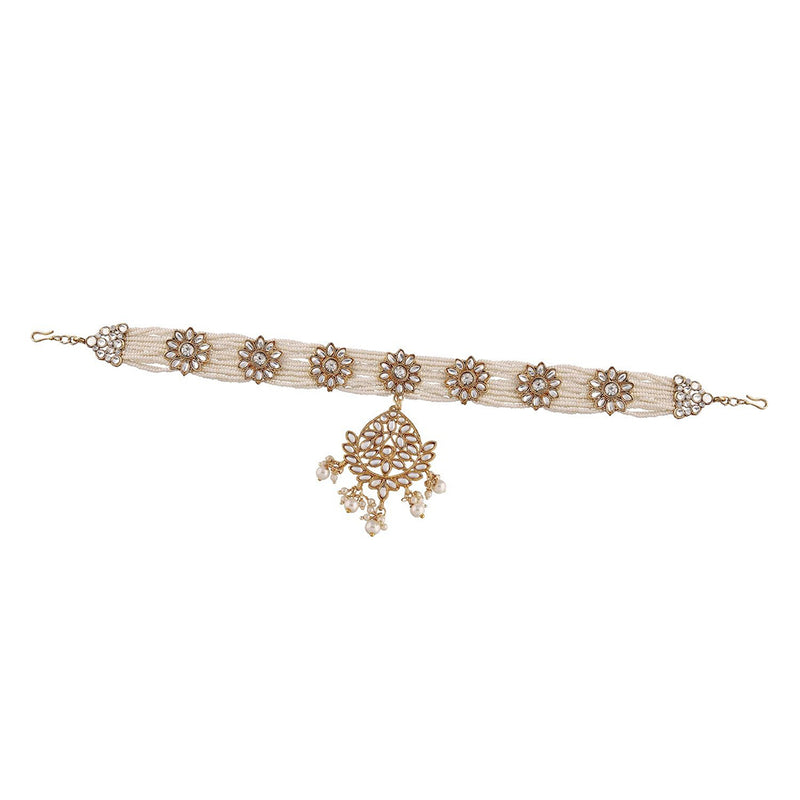 Etnico18k Gold Plated Traditional Floral Kundan Pearl Studded Rajasthani Sheeshphool/ Mathapatti for Women (T2069W)