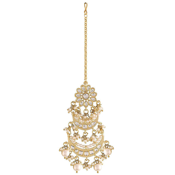 Etnico 18K Gold Plated Matte Finish Traditional Pearls Kundan Studded Maang Tikka for Women/Girls (T2859)