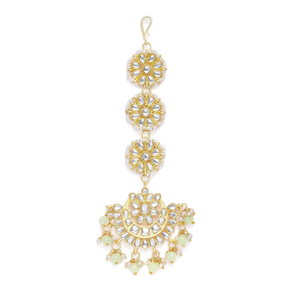 Etnico 18K Gold Plated Matte Finish Traditional Pearls Kundan Studded Maang Tikka for Women/Girls (T2911Min)