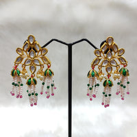 Tarangavi Green Meenakari Kundan Pearl Dangler Earrings
