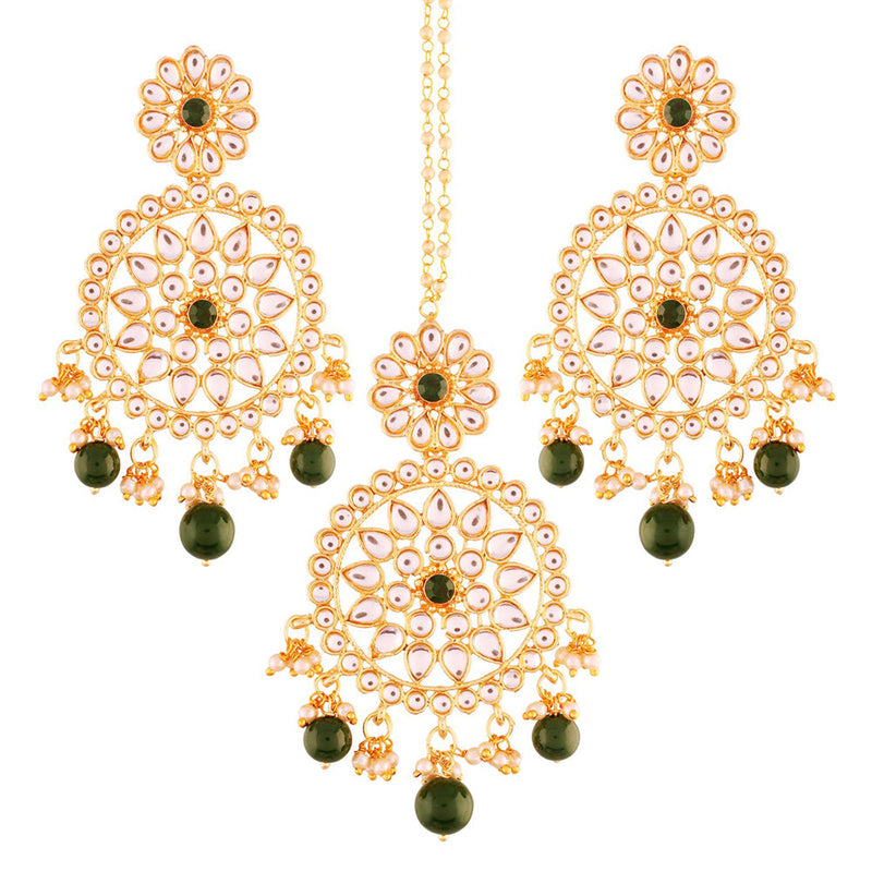 Etnico 18K Gold Plated Traditional Kundan & Pearl Studded Chandbali Earrings With Maang Tikka Set (TE2462G)