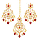 Etnico 18K Gold Plated Traditional Kundan & Pearl Studded Chandbali Earrings With Maang Tikka Set (TE2462M)