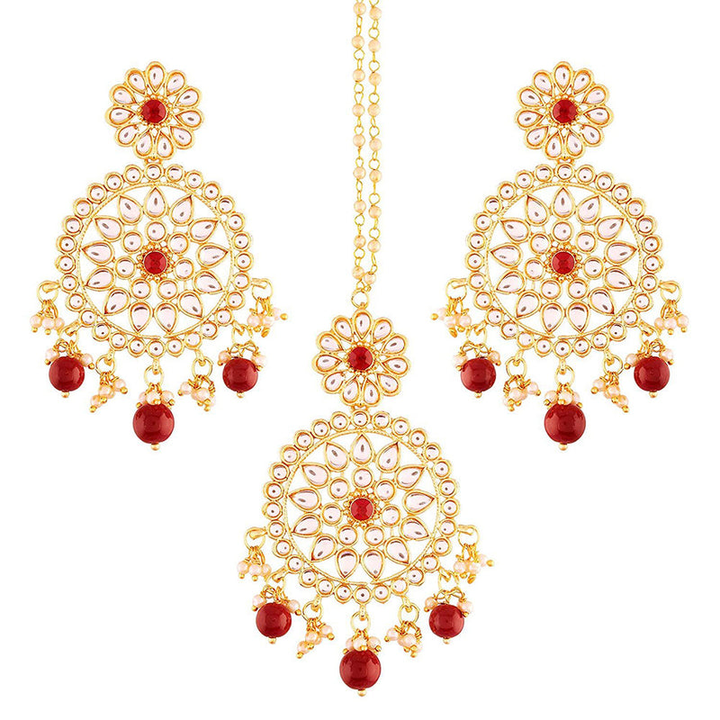 Etnico 18K Gold Plated Traditional Kundan & Pearl Studded Chandbali Earrings With Maang Tikka Set (TE2462M)
