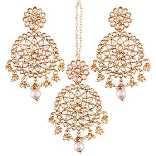 Etnico 18K Gold Plated Traditional Kundan & Pearl Studded Chandbali Earrings With Maang Tikka Set (TE2462W)