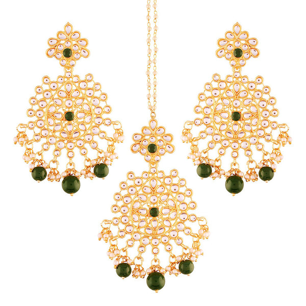 Etnico Traditional Gold Plated Stunning Antique Finish Kundan & Pearl Earring Set with Maang Tikka for Women (TE2497G)