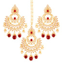 Etnico Traditional Gold Plated Stunning Antique Finish Kundan & Pearl Earring Set with Maang Tikka for Women (TE2498M)