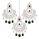 Etnico Silver Plated Traditional Kundan Pearl Earrings & Maang Tikka for Women (TE2498ZG)(Green)