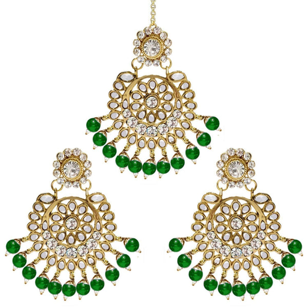 Etnico Green Gold Plated Alloy Traditional Kundan Pearl Earrings and Maang Tikka for Women (TE2501G)