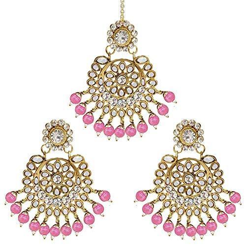 Etnico Gold Plated Traditional Kundan Pearl Earrings & Maang Tikka for Women (TE2501Q)