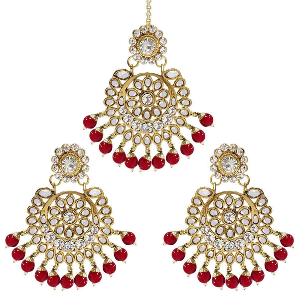 Etnico Gold Plated Traditional Kundan Pearl Earrings & Maang Tikka for Women (TE2501R)
