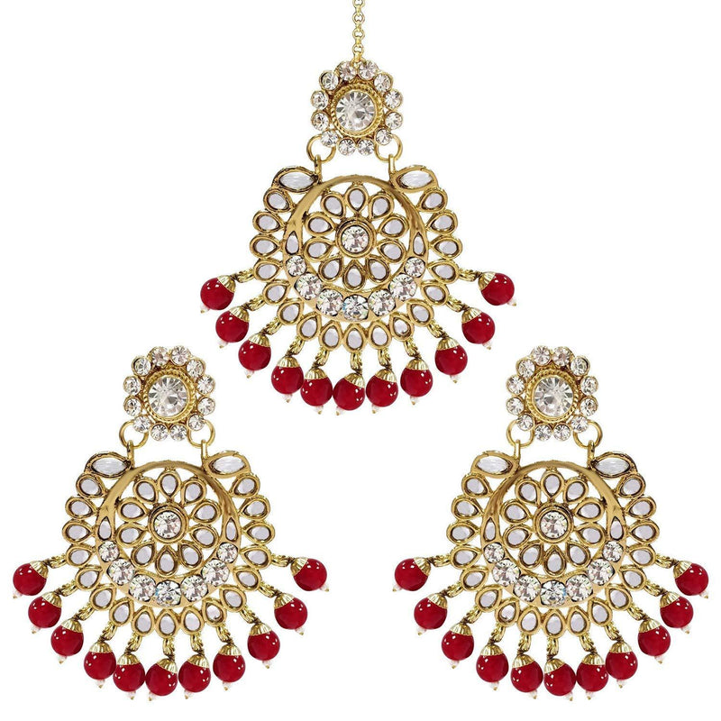 Etnico Gold Plated Traditional Kundan Pearl Earrings & Maang Tikka for Women (TE2501R)