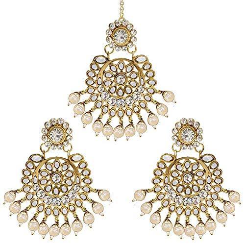 Etnico Gold Plated Traditional Kundan Pearl Earrings & Maang Tikka for Women (TE2501W)