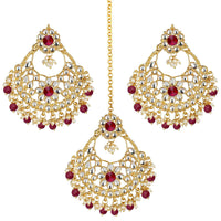 Etnico 18K Gold Plated Traditional Big Kundan & Pearl Chandbali Earrings with Maang Tikka Set for Women/Girls (TE2862M)