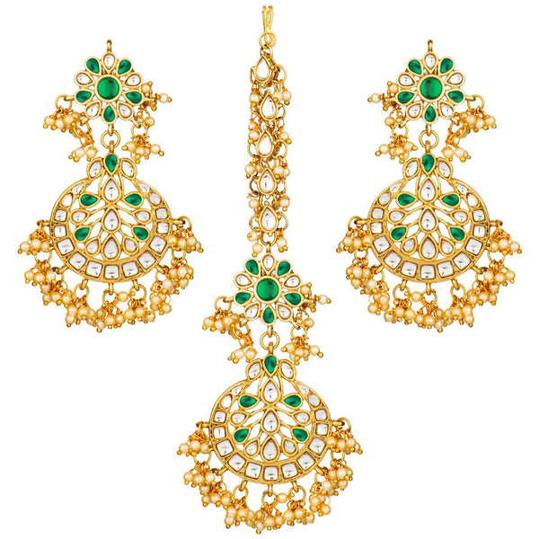 Etnico 18K Gold Plated Traditional Handcrafted Earrings With Maang Tikka Encased with Faux Kundan & Pearl for Women/Girls (TE2872G)