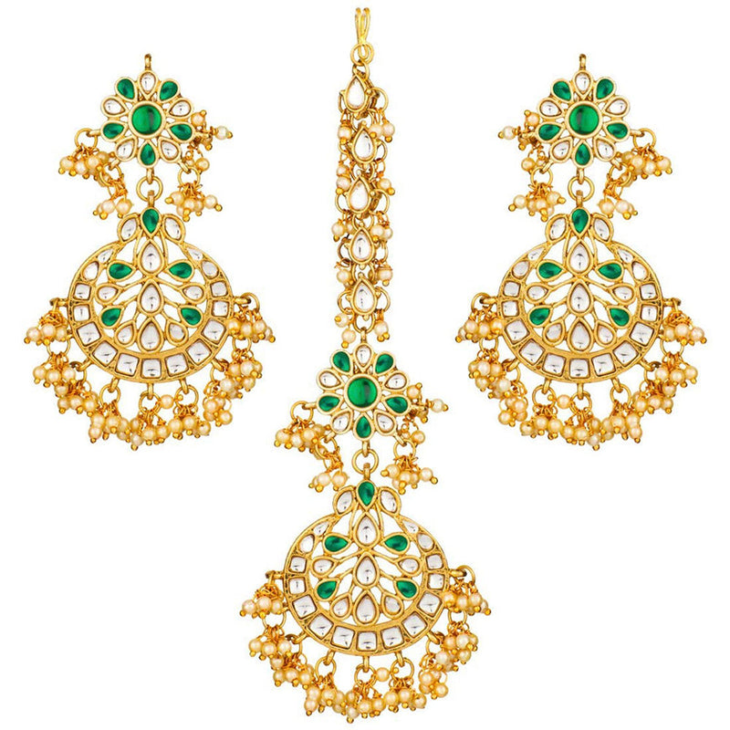 Etnico 18K Gold Plated Traditional Handcrafted Earrings With Maang Tikka Encased with Faux Kundan & Pearl for Women/Girls (TE2872G)