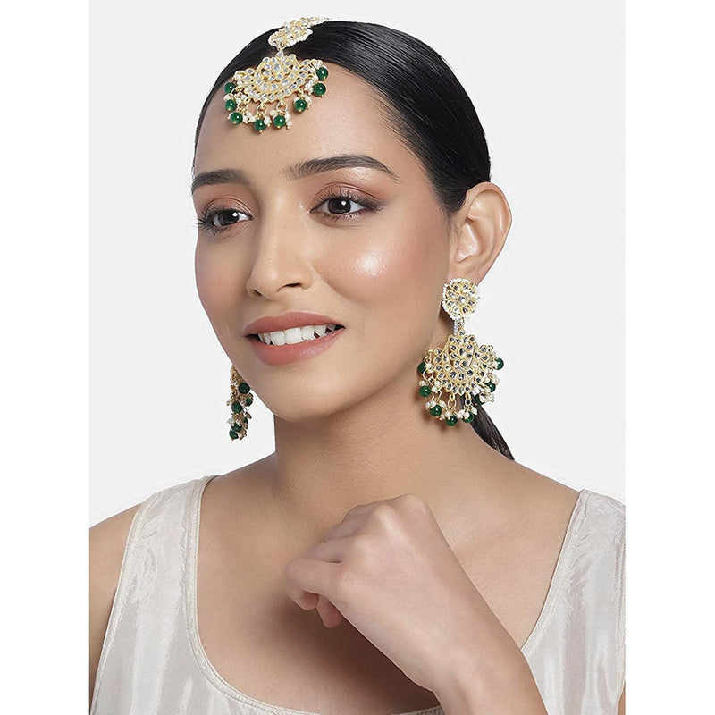 Etnico18K Gold Plated with Stunning Matte Finish Traditional Kundan & Faux Pearl Chandbali Earrings with Maang Tikka Set (TE2911G)