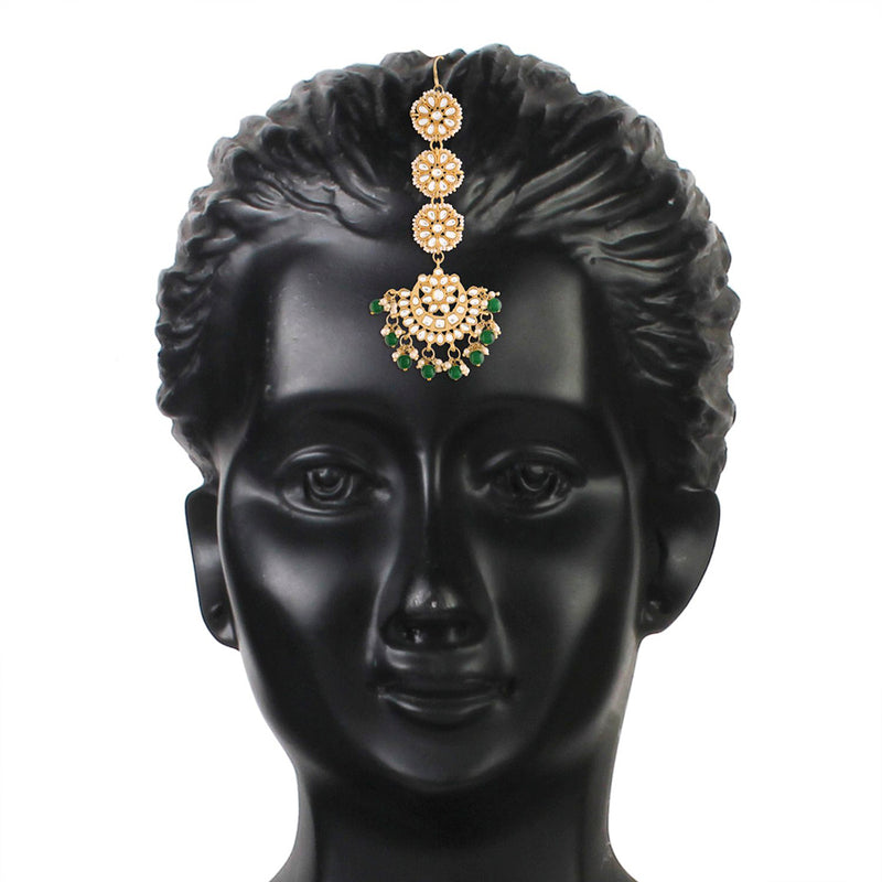 Etnico18K Gold Plated with Stunning Matte Finish Traditional Kundan & Faux Pearl Chandbali Earrings with Maang Tikka Set (TE2911G)