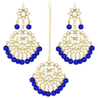 Etnico Gold Plated Alloy Traditional Kundan Pearl Earrings and Maang Tikka for Women (TE7058Bl)