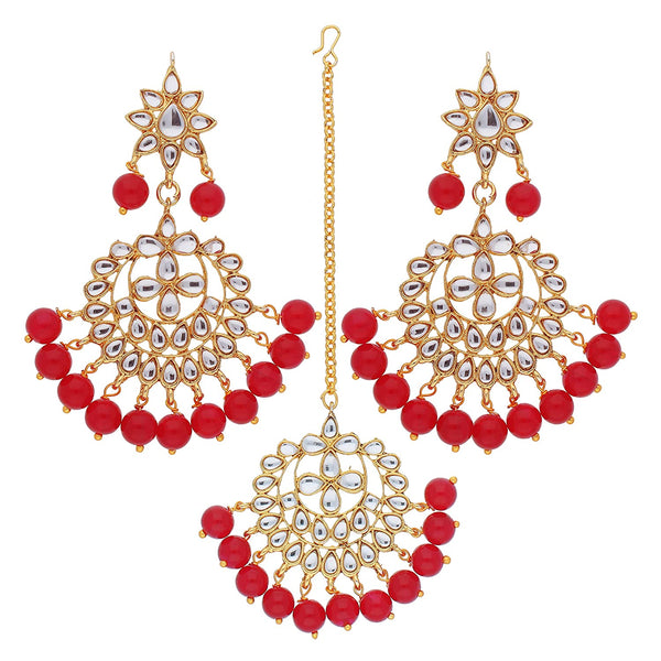 Etnico Gold Plated Alloy Traditional Kundan Pearl Earrings and Maang Tikka for Women (TE7058R)