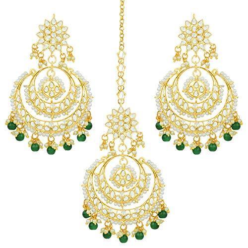 Etnico Traditional Gold Plated Wedding Chandbali Kundan & Pearl Earring Set With Maang Tikka for Women (TE7077G)