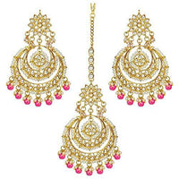 Etnico Traditional Gold Plated Wedding Chandbali Kundan & Pearl Earring Set With Maang Tikka for Women (TE7077Q)