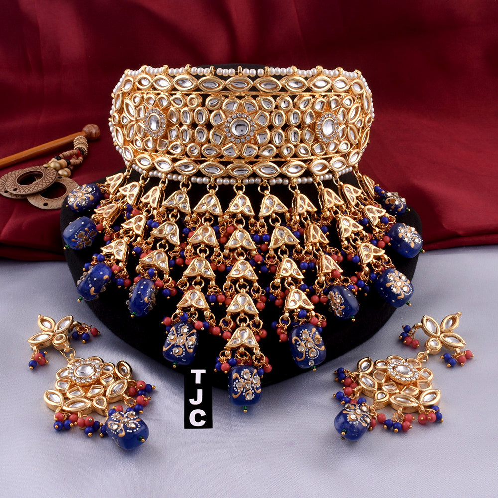The Jewellery Creations Designer Gold Plated Kundan & Beads Choker Necklace Set