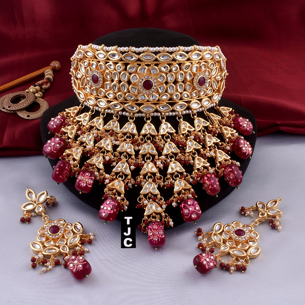 The Jewellery Creations Designer Gold Plated Kundan & Beads Choker Necklace Set