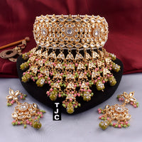 The Jewellery Creations Designer Gold Plated Kundan & Beads Choker Necklace Set