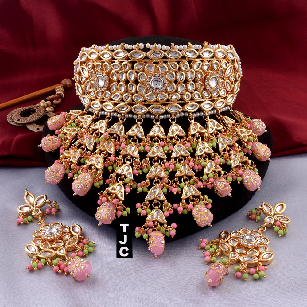 The Jewellery Creations Designer Gold Plated Kundan & Beads Choker Necklace Set