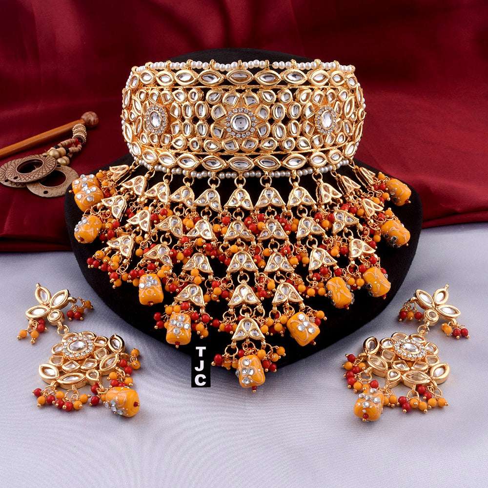 The Jewellery Creations Designer Gold Plated Kundan & Beads Choker Necklace Set