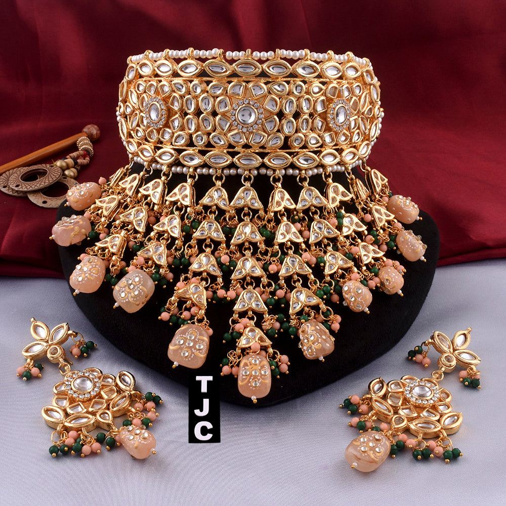 The Jewellery Creations Designer Gold Plated Kundan & Beads Choker Necklace Set