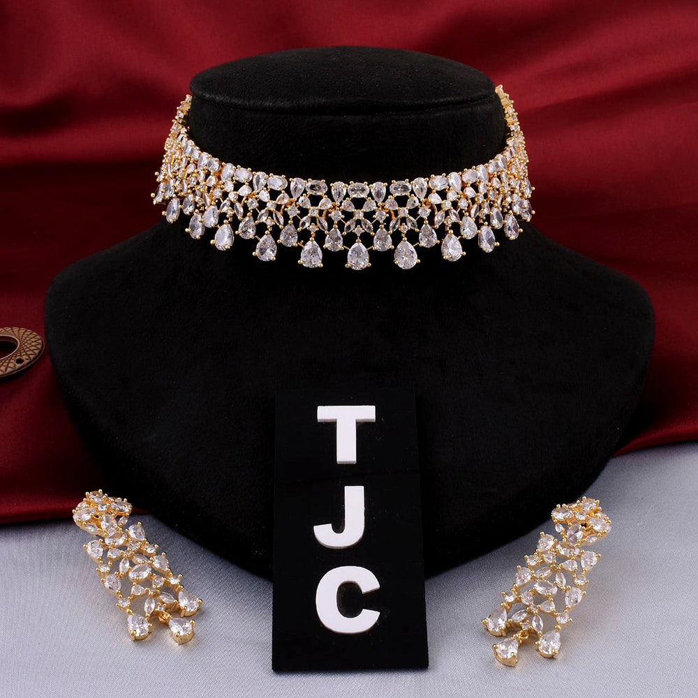 The Jewellery Creations Designer Gold Plated American Diamond Blue Choker Necklace Set